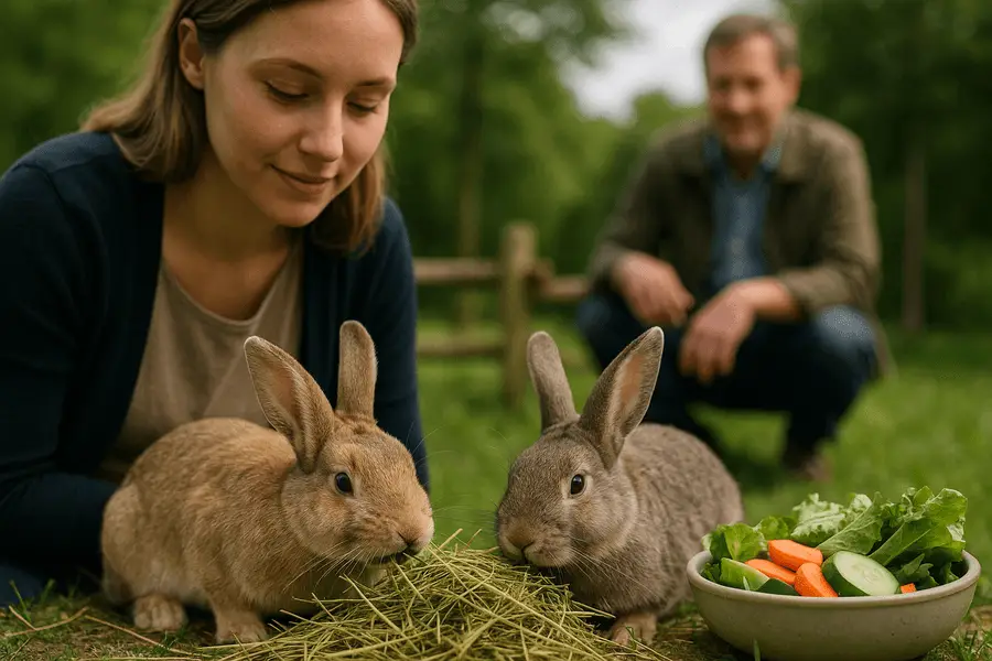Mejora la vida de tus conejos con una dieta equilibrada: heno de calidad, verduras frescas y buena higiene dental para su salud y bienestar.
